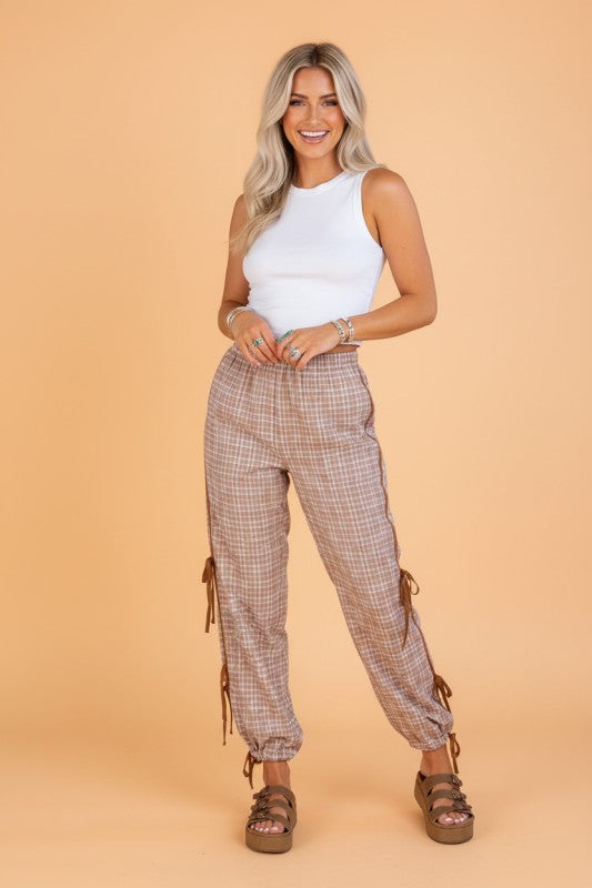 Plaid Bow Tie Contrast Elastic Waist Jogger Pants free shipping -Oh Em Gee Boutique