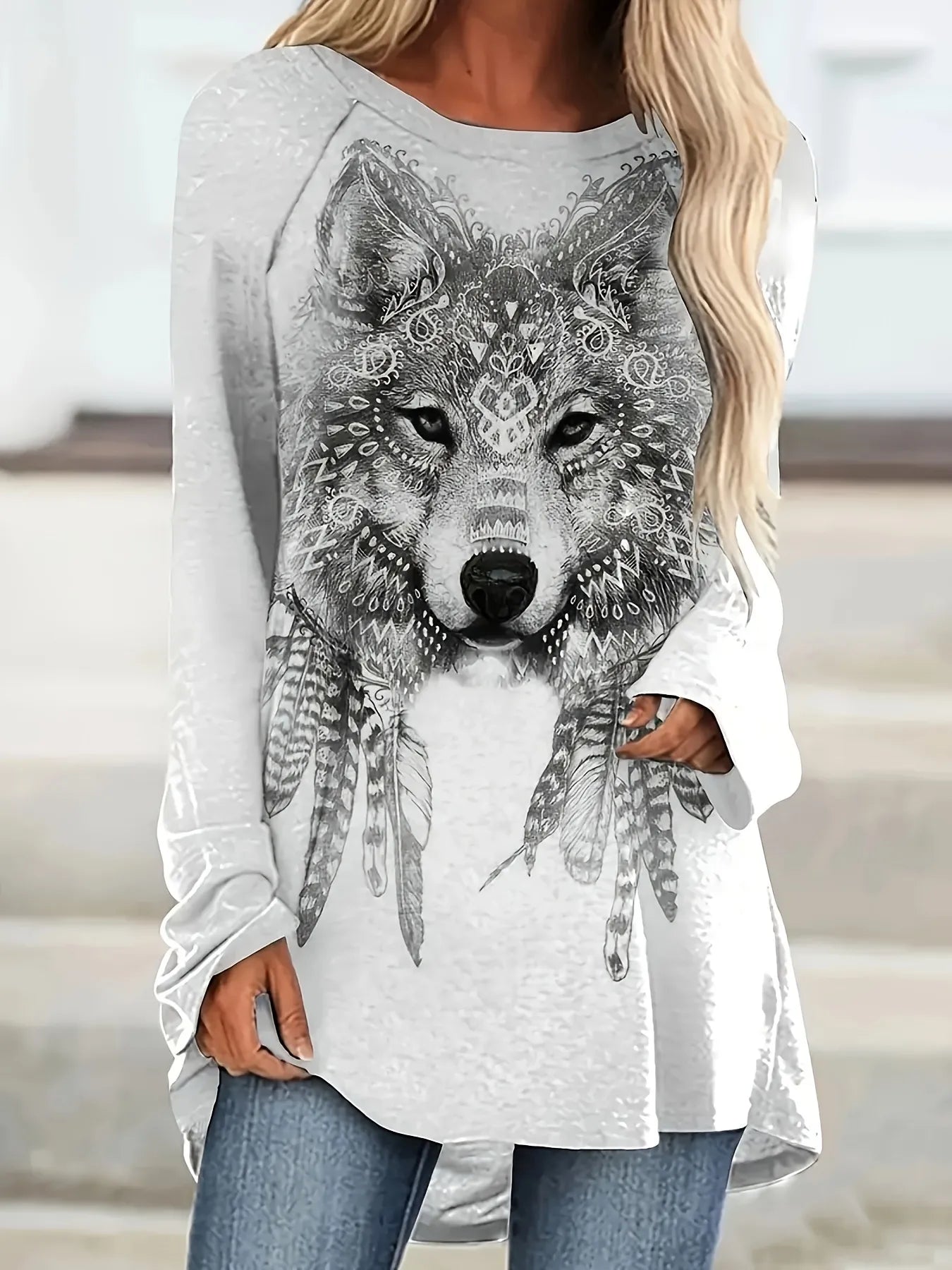 Bohemian Wolf Print Long Sleeve T-Shirt free shipping -Oh Em Gee Boutique