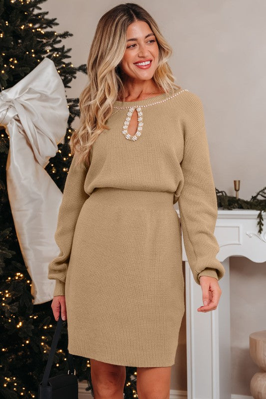 Pearl Embellished Keyhole Ribbed Sweater Dress free shipping -Oh Em Gee Boutique
