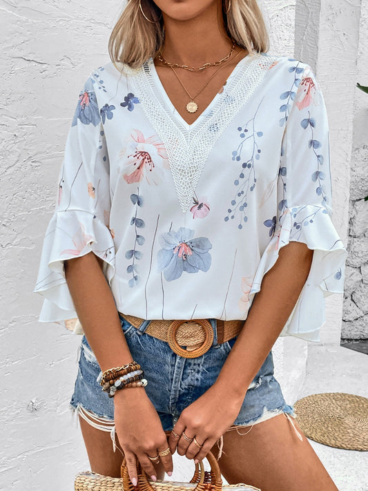 Ruffled Printed V-Neck Half Sleeve Blouse free shipping -Oh Em Gee Boutique