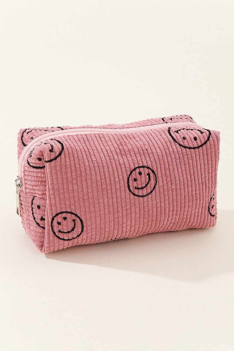 Zenana Smiley Face Corduroy Cosmetic Pouch free shipping -Oh Em Gee Boutique