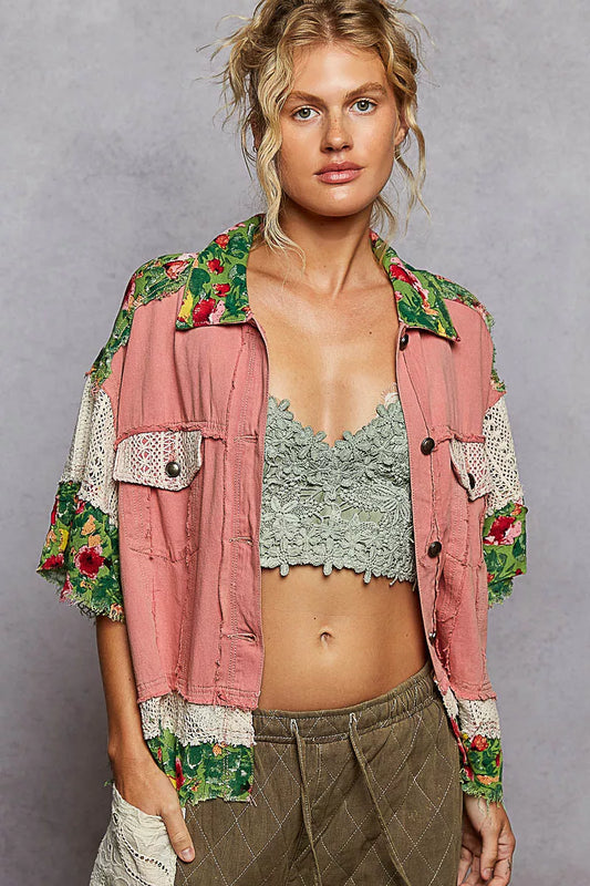 POL Lace Patch Floral Half Sleeve Shacket free shipping -Oh Em Gee Boutique