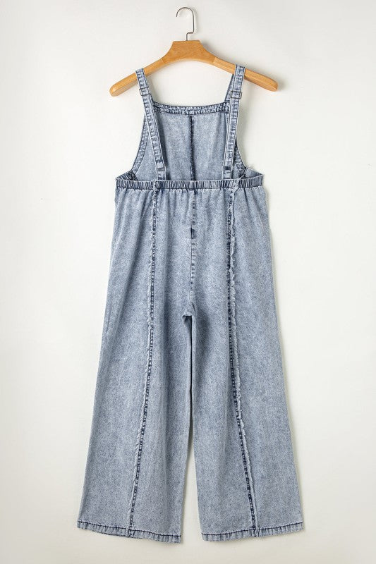Denim Frayed Reverse Seam Wide Leg Overall free shipping -Oh Em Gee Boutique