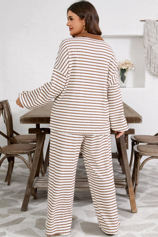 Plus Size Stripe V-Neck Pullover and Drawstring Pants Set free shipping -Oh Em Gee Boutique