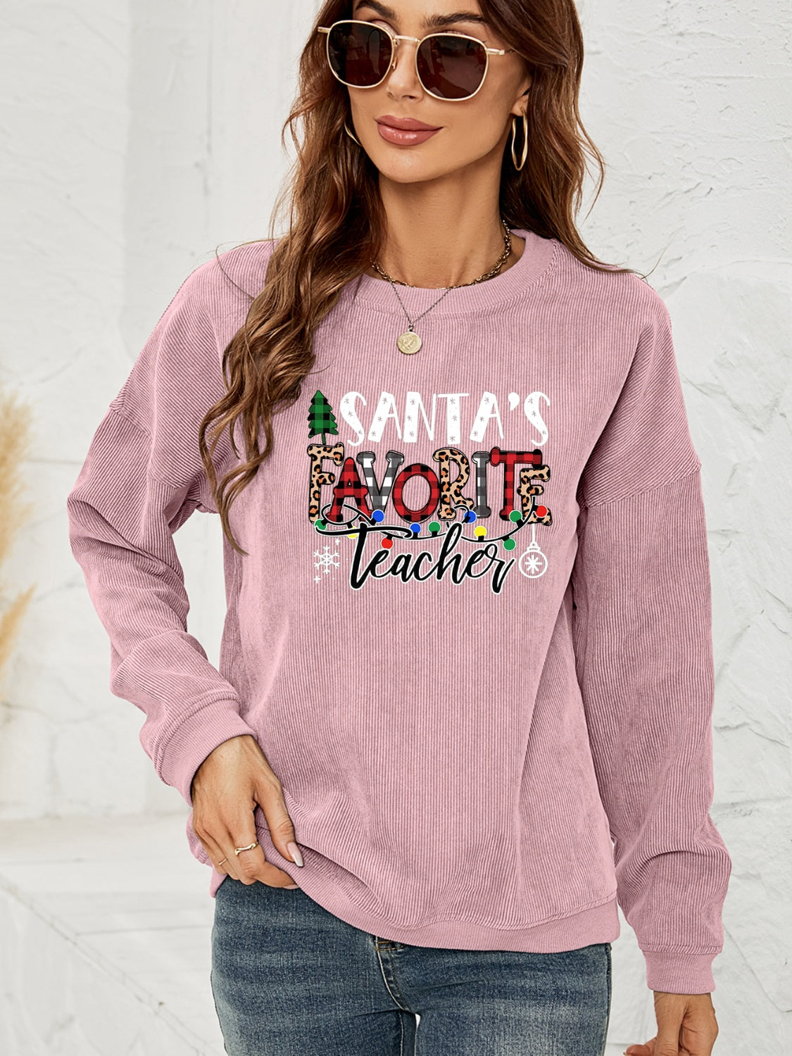 SANTA'S FAVORITE TEACHER Graphic Sweatshirt free shipping -Oh Em Gee Boutique