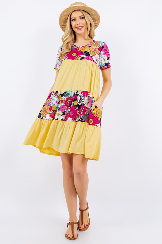 Celeste Full Size Color Block Floral Round Neck Short Sleeve Dress free shipping -Oh Em Gee Boutique