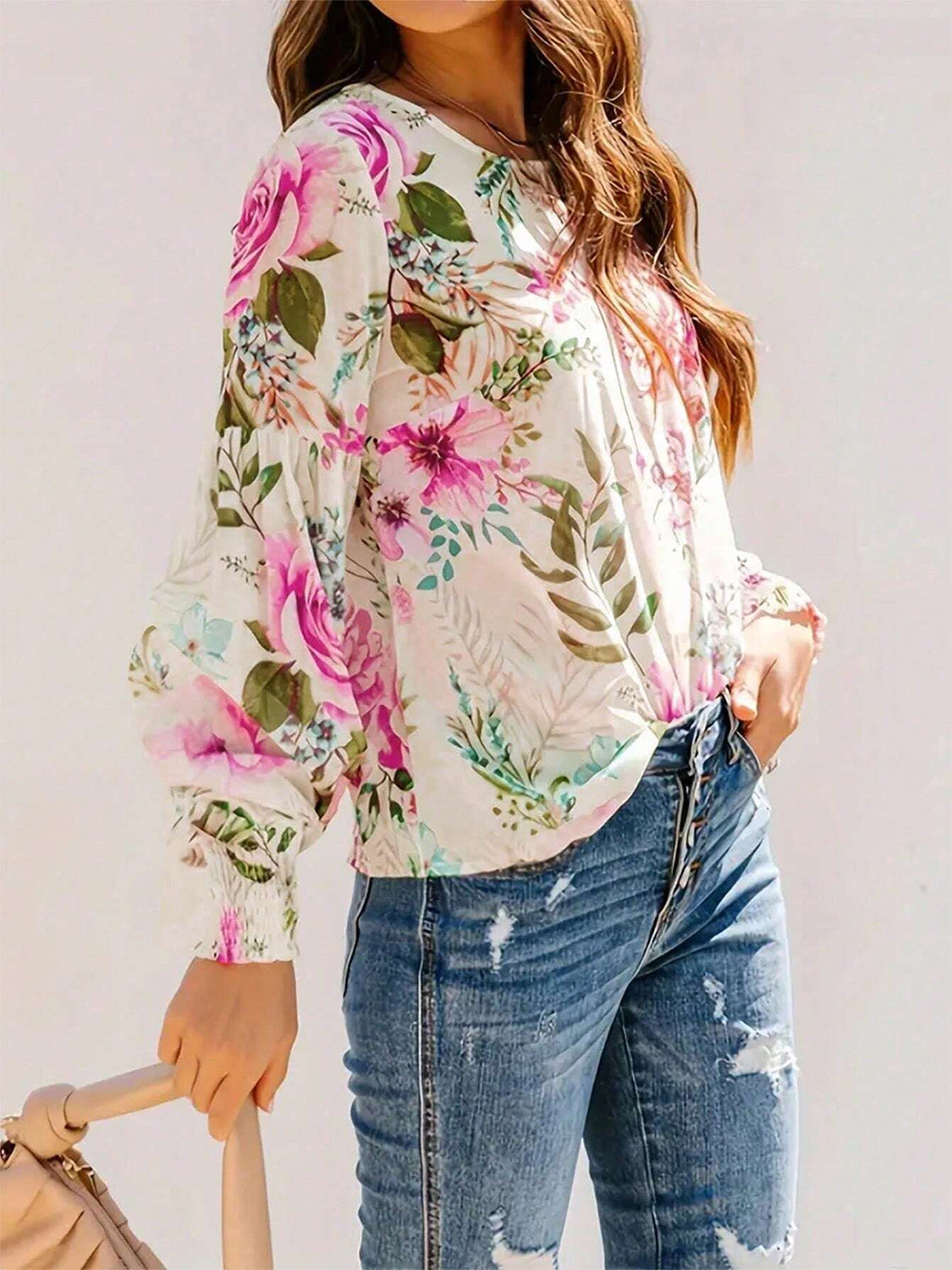 Printed Round Neck Lantern Sleeve Blouse free shipping -Oh Em Gee Boutique