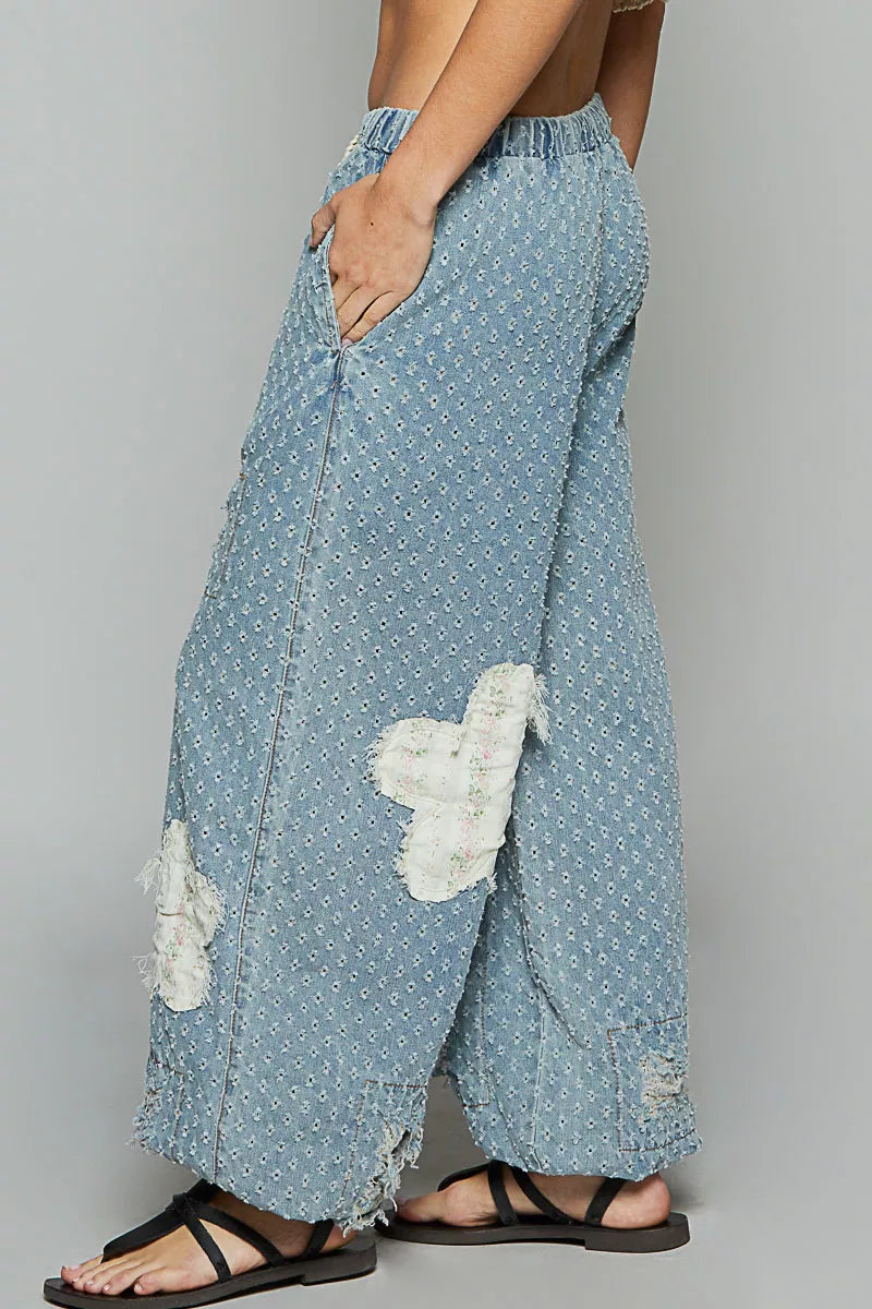POL Floral Patch Washed Textured Twill Pants with Crochet See Thru Patch free shipping -Oh Em Gee Boutique