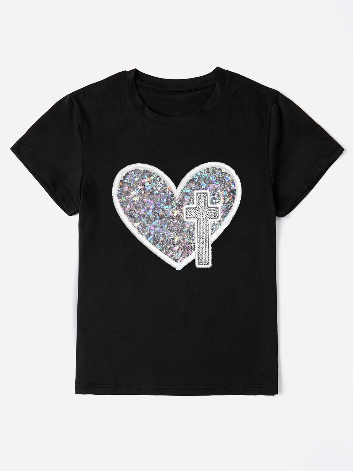 Graphic Heart Round Neck Short Sleeve T-Shirt with Cross Design free shipping -Oh Em Gee Boutique