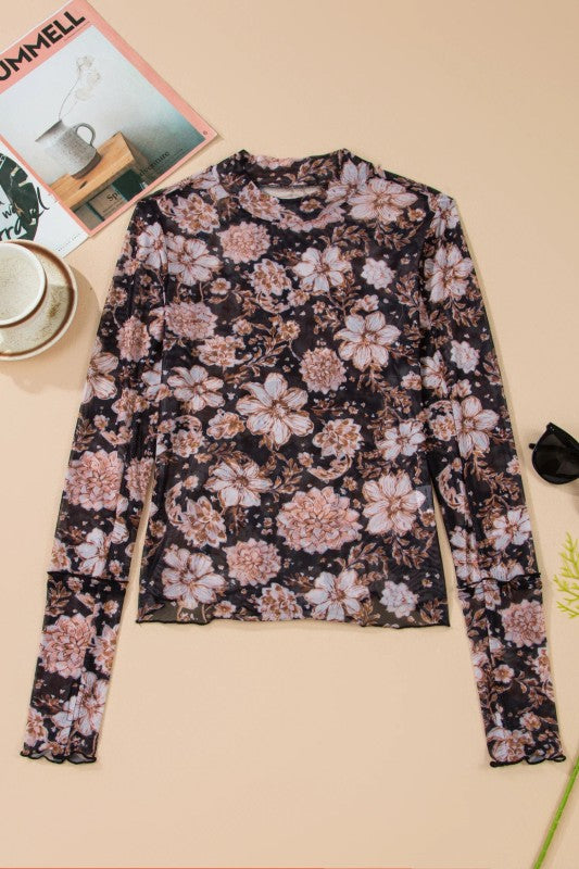 Floral Mesh Mock Neck Long Sleeve Top free shipping -Oh Em Gee Boutique