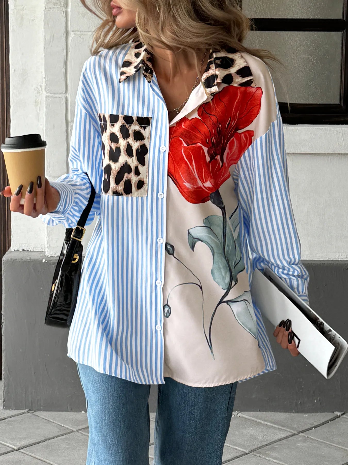 Leopard Floral Striped Casual Button-Up Shirt free shipping -Oh Em Gee Boutique