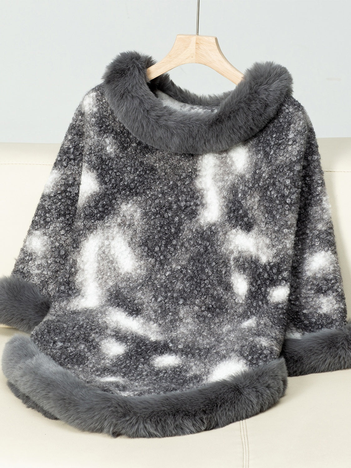 Furry Contrast Three-Quarter Poncho free shipping -Oh Em Gee Boutique