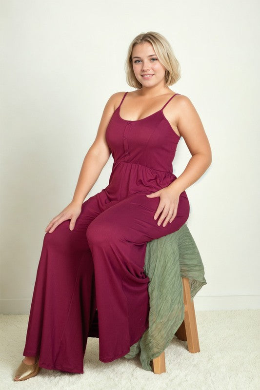 Plus Size Button Front Wide Leg Jumpsuit free shipping -Oh Em Gee Boutique
