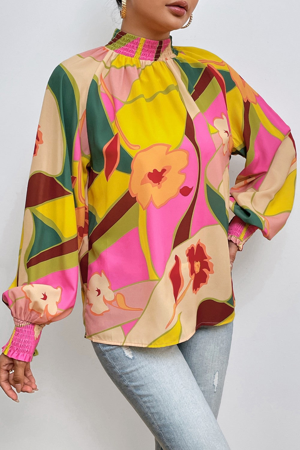 Floral Smocked Lantern Sleeve Mock Neck Blouse free shipping -Oh Em Gee Boutique