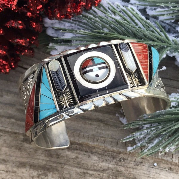 Don Dewa Zuni Sterling Silver Multi-stone SunFace Cuff Bracelet free shipping -Oh Em Gee Boutique