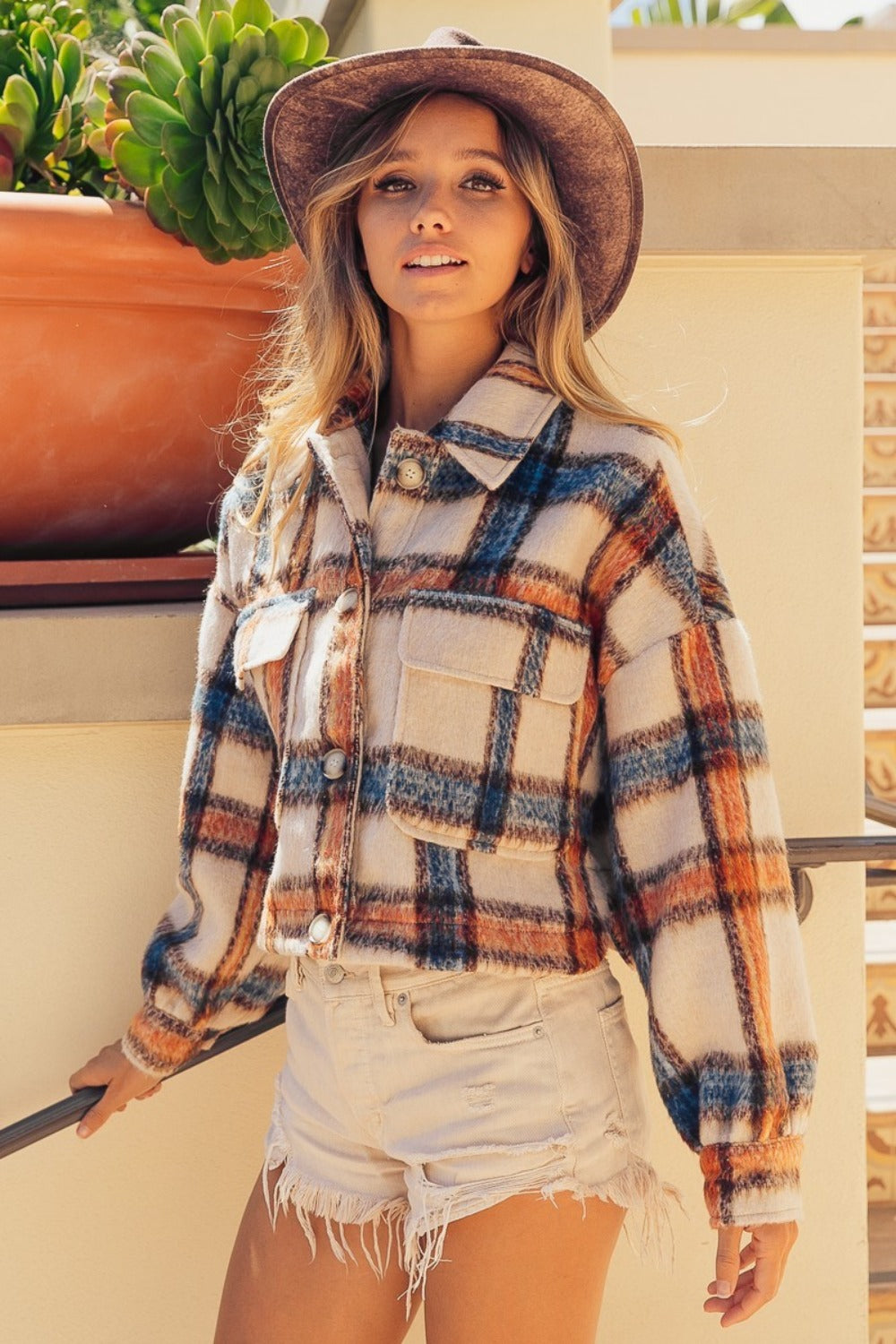 BiBi Brushed Plaid Crop Jacket with Pockets free shipping -Oh Em Gee Boutique