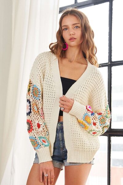 ADORA Full Size Contrast Crochet Open Front Long Sleeve Cardigan free shipping -Oh Em Gee Boutique