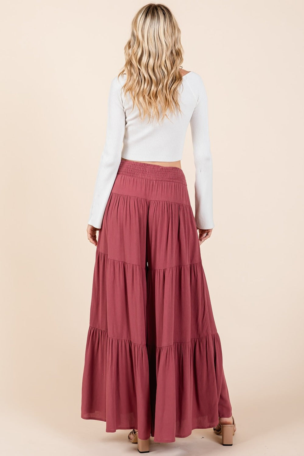 Mittoshop Tier Detail Smocked Elastic Waist Wide Leg Pants free shipping -Oh Em Gee Boutique