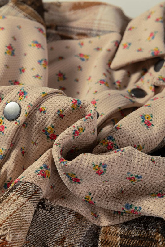 Floral Plaid Patchwork Ruffle Waffle Knit Shacket free shipping -Oh Em Gee Boutique