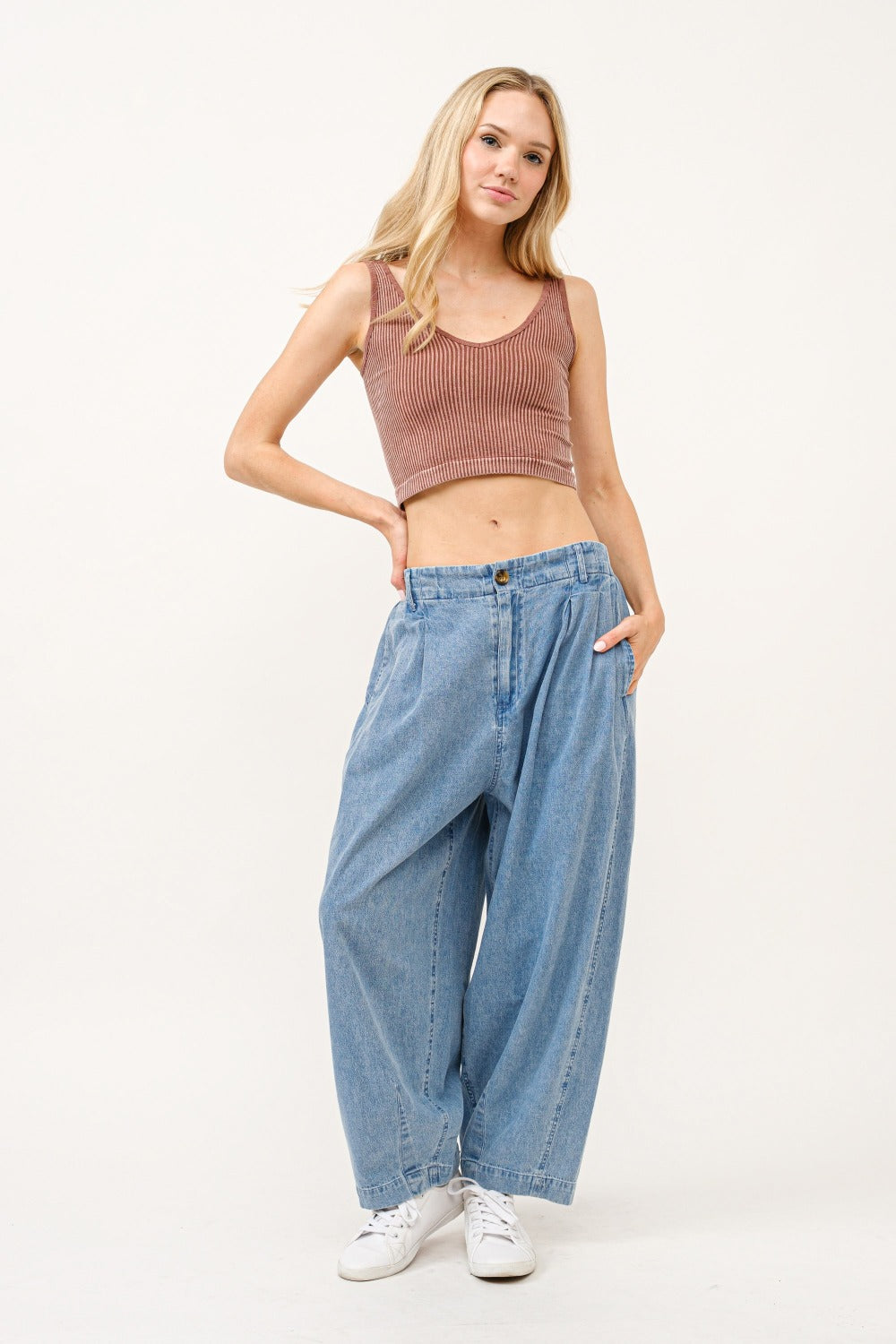 And The Why Elastic Back Pleated Baggy Jeans free shipping -Oh Em Gee Boutique