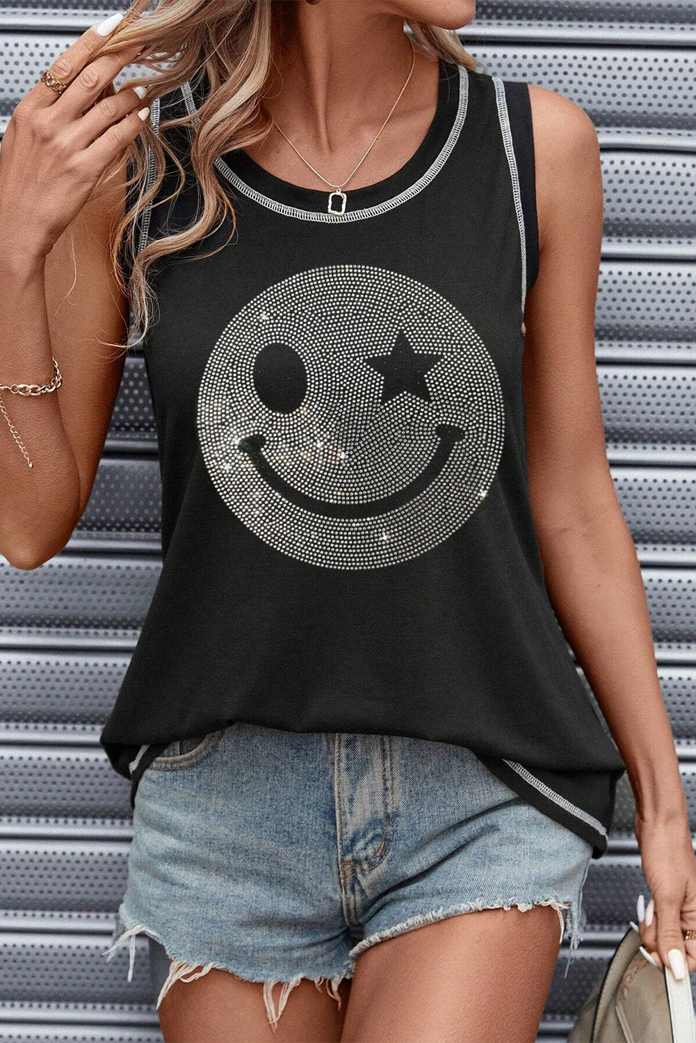 Rhinestone Smile Face Round Neck Tank free shipping -Oh Em Gee Boutique