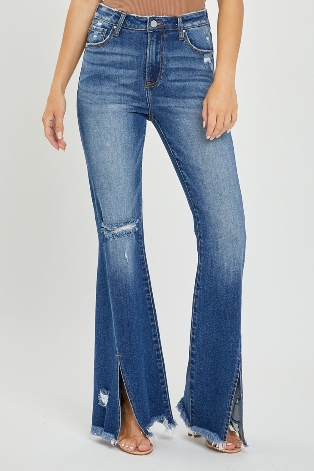 RISEN Full Size High Rise Front Slit Frayed Hem Flare Jeans free shipping -Oh Em Gee Boutique