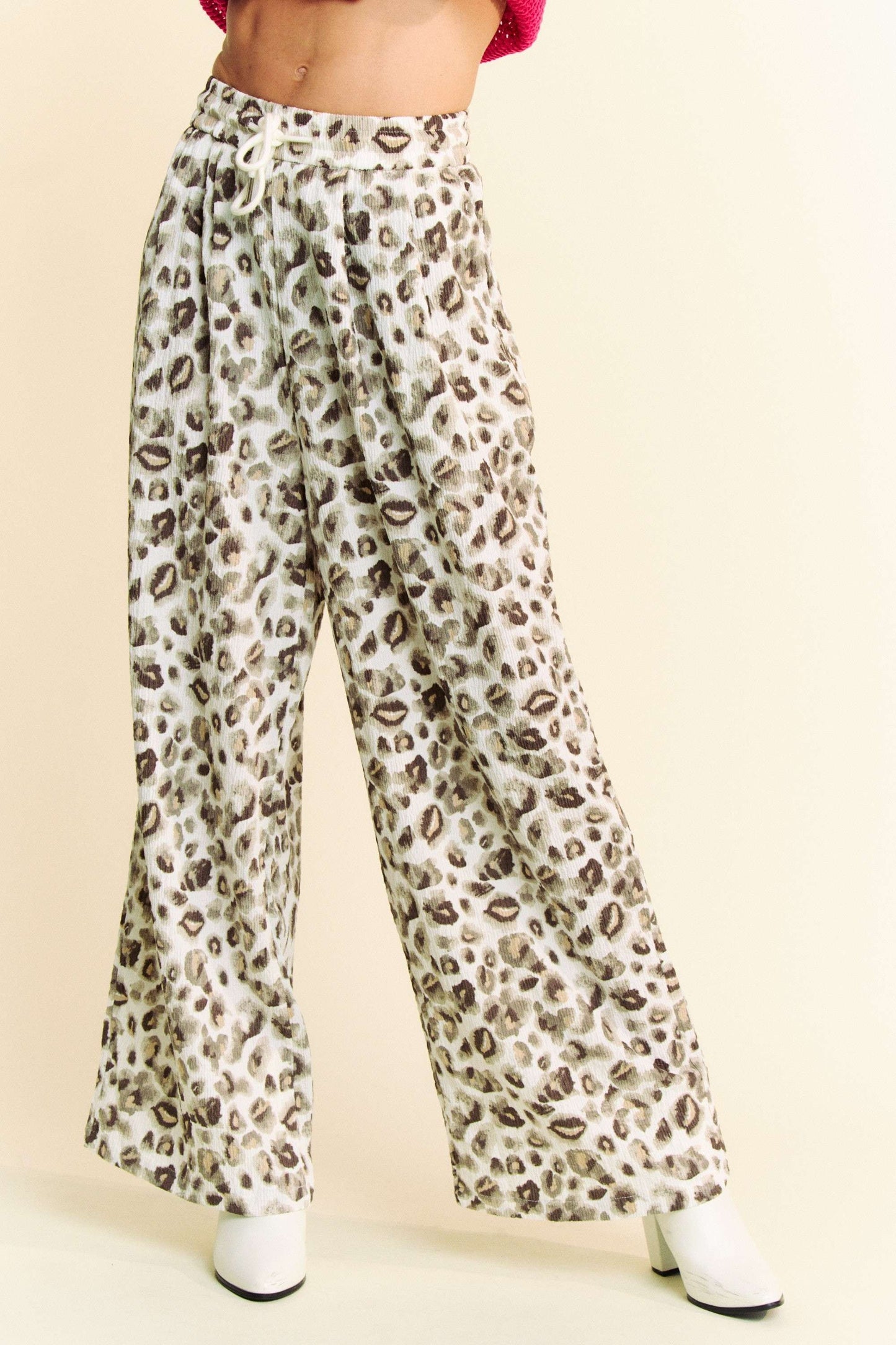 Davi & Dani Drawstring Leopard Wide Leg Pants free shipping -Oh Em Gee Boutique