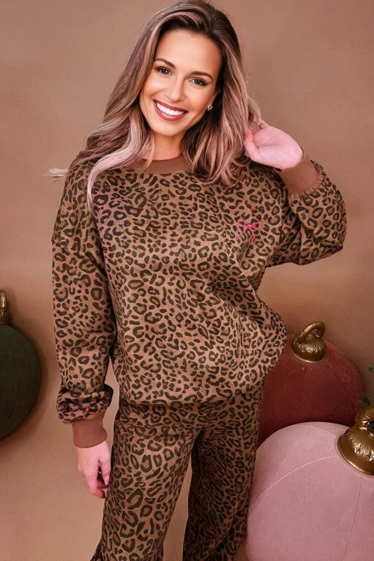 Leopard Contrast Trim Top and Pants Set free shipping -Oh Em Gee Boutique