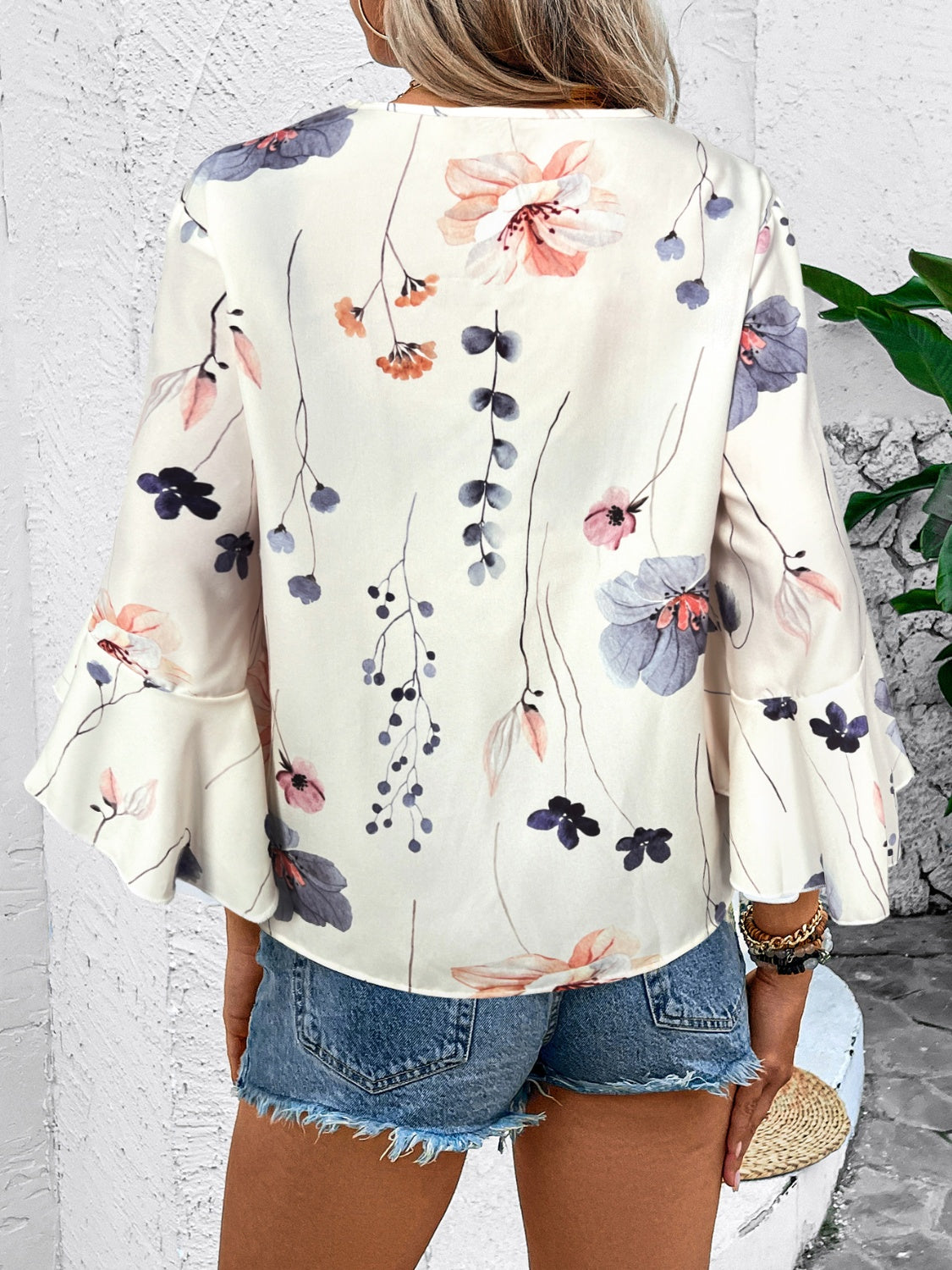 Ruffled Printed V-Neck Half Sleeve Blouse free shipping -Oh Em Gee Boutique