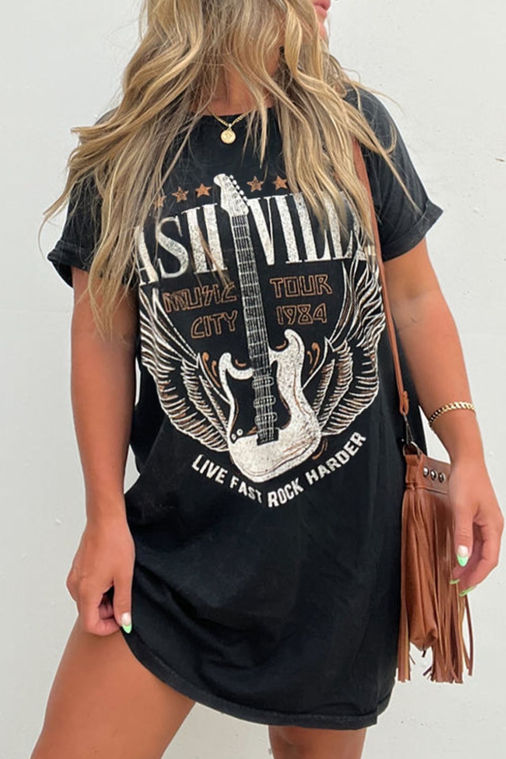 Nashville Graphic Round Neck Short Sleeve Tee Dress free shipping -Oh Em Gee Boutique