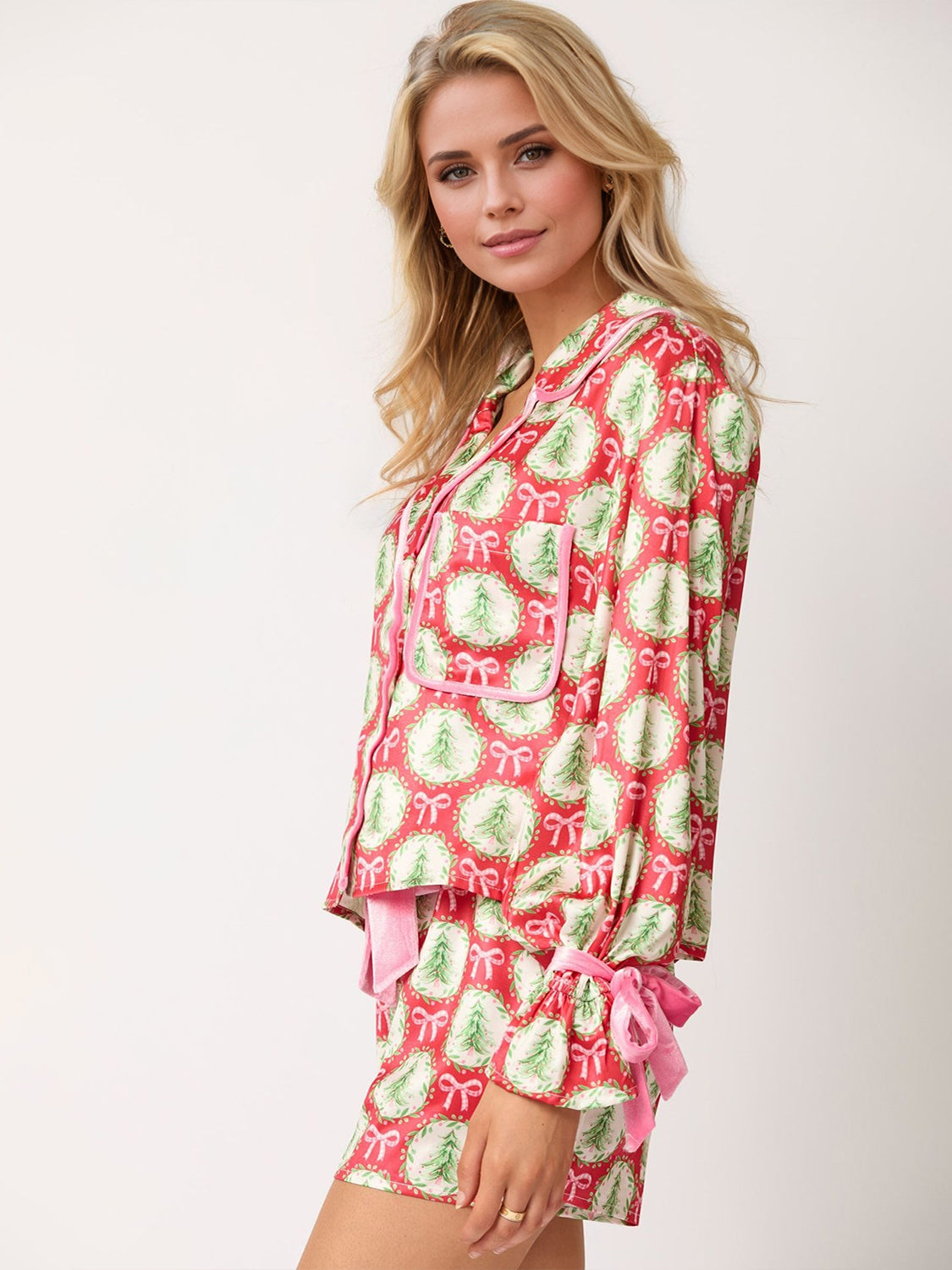 Tied Printed Collared Neck Long Sleeve Top and Shorts Set free shipping -Oh Em Gee Boutique