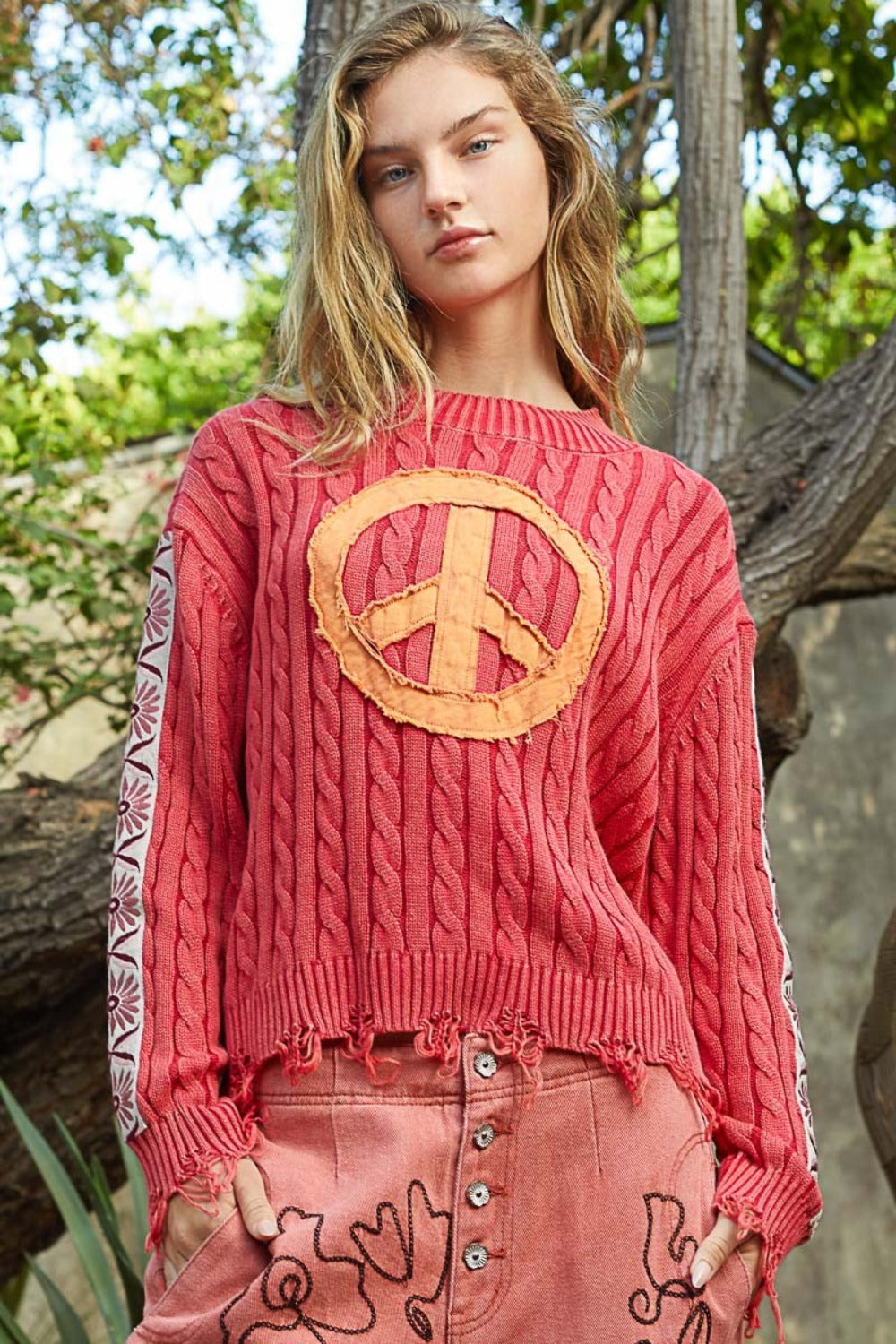 POL Washed Peace Patch Cable Knit Sweater free shipping -Oh Em Gee Boutique