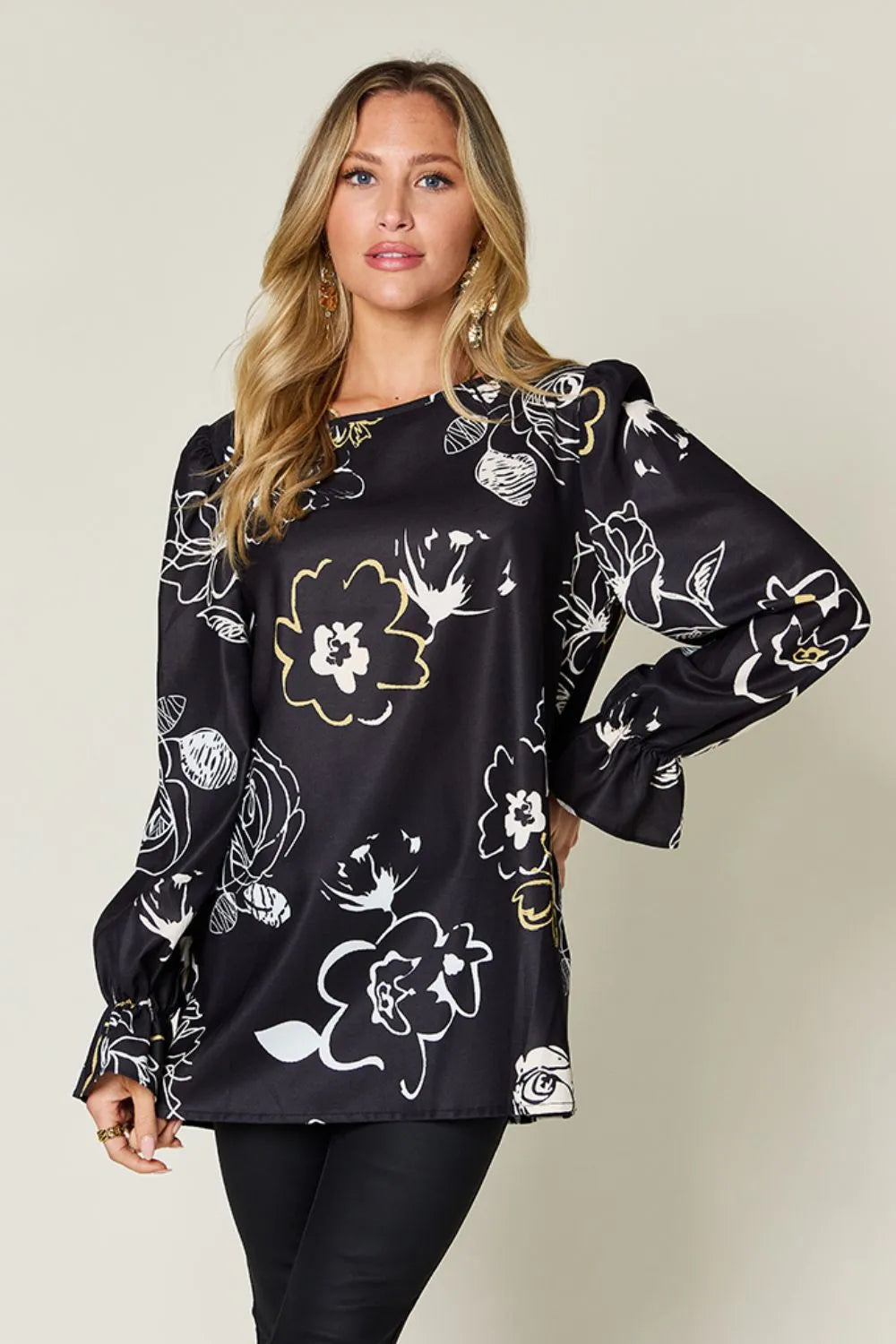 Double Take Full Size Printed Flounce Sleeve Blouse free shipping -Oh Em Gee Boutique
