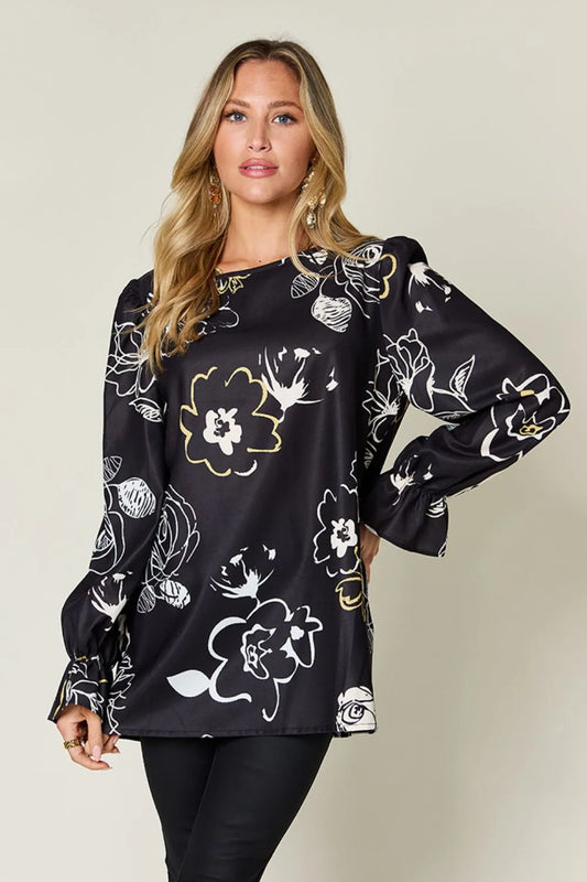 Double Take Full Size Printed Flounce Sleeve Blouse free shipping -Oh Em Gee Boutique