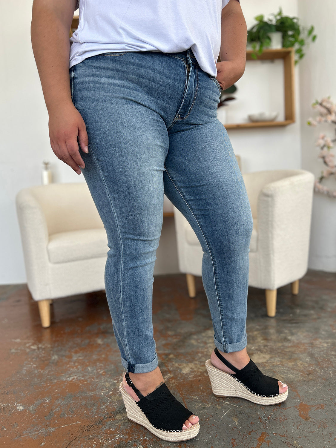 Judy Blue Full Size Cuffed Hem Low Waist Slim Jeans free shipping -Oh Em Gee Boutique