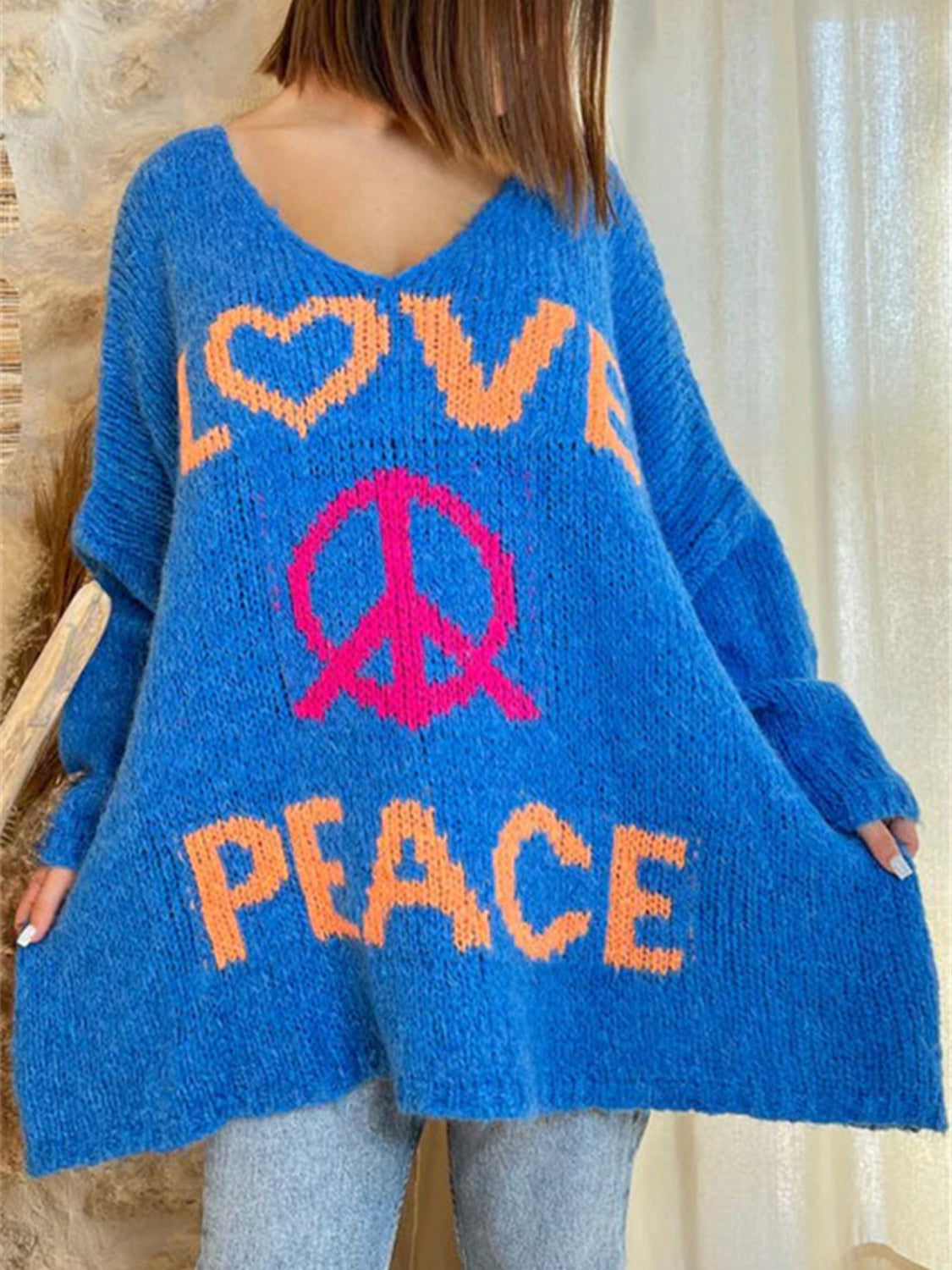 Peace Graphic V-Neck Long Sleeve Sweater free shipping -Oh Em Gee Boutique