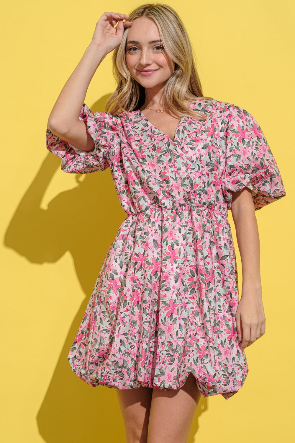 And The Why Full Size Floral Surplice Puff Sleeve Dress free shipping -Oh Em Gee Boutique