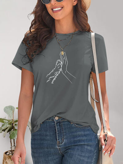 Graphic Round Neck Short Sleeve T-Shirt, Hand and Paw free shipping -Oh Em Gee Boutique