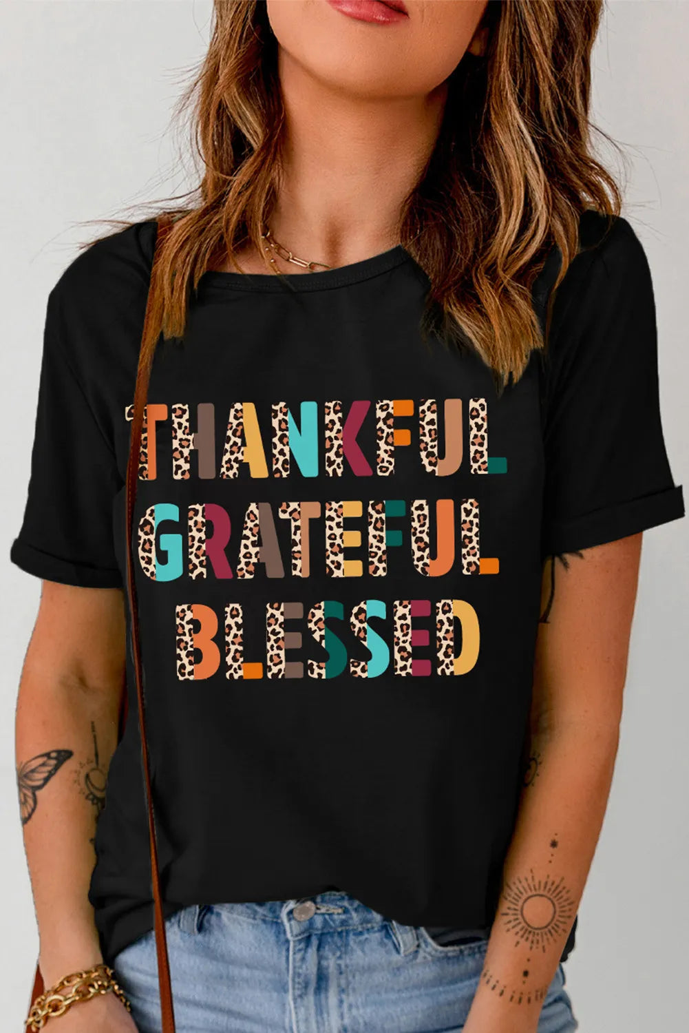 Thankful Letter Graphic Round Neck Short Sleeve T-Shirt free shipping -Oh Em Gee Boutique