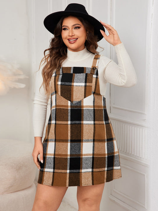 Plus Size Plaid Wide Strap Overall Dress free shipping -Oh Em Gee Boutique