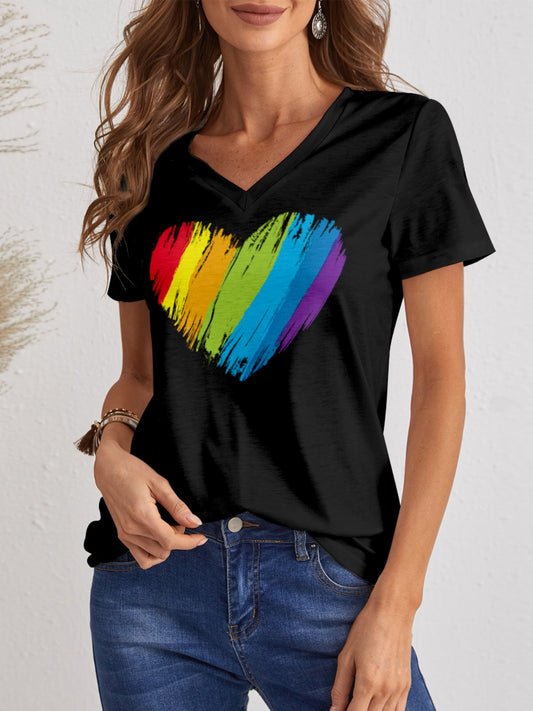 FAM-FAM Heart V-Neck Dropped Shoulder T-Shirt, Rainbow Heart Design free shipping -Oh Em Gee Boutique