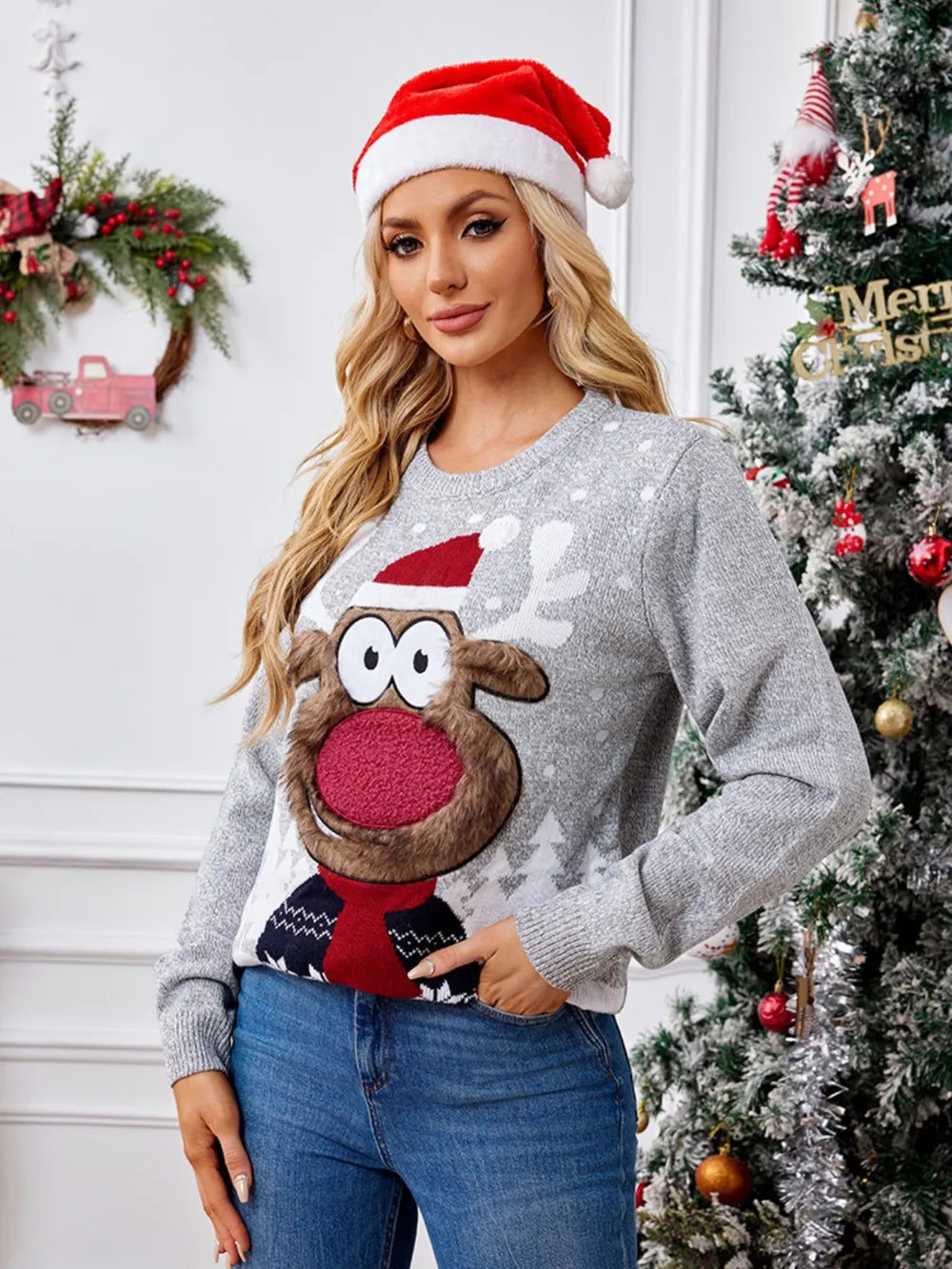 Reindeer Round Neck Long Sleeve Sweater free shipping -Oh Em Gee Boutique