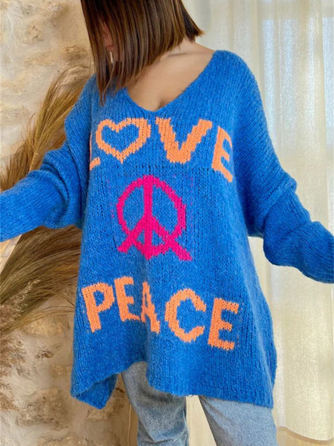 Peace Graphic V-Neck Long Sleeve Sweater free shipping -Oh Em Gee Boutique