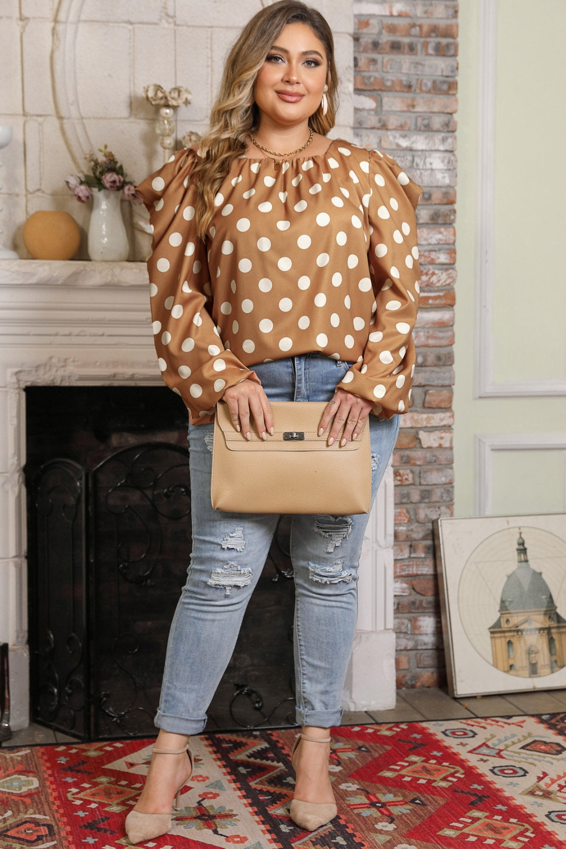 Plus Size Polka Dot Long Sleeve Blouse free shipping -Oh Em Gee Boutique