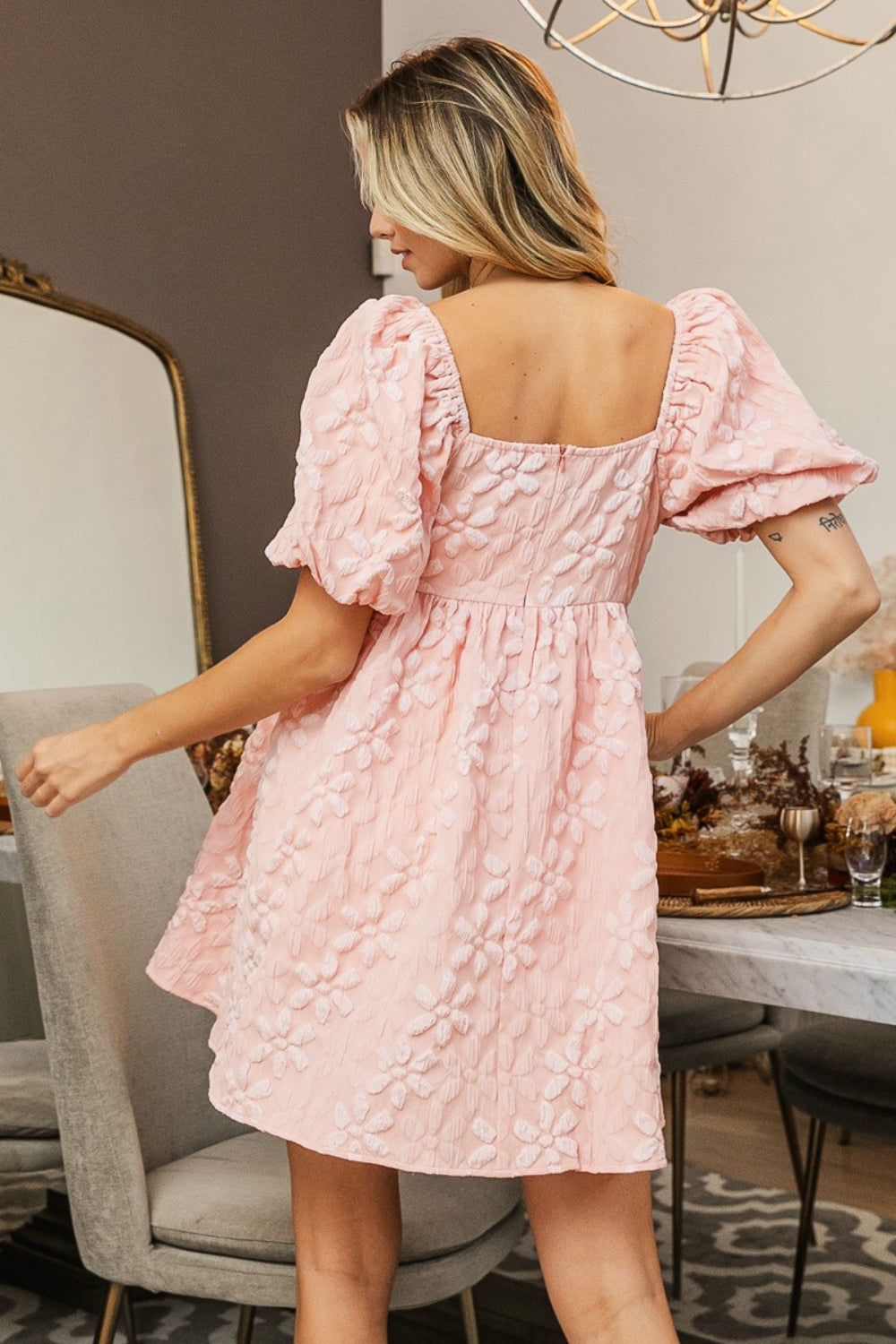 BiBi Flower Square Neck Puff Sleeve Dress free shipping -Oh Em Gee Boutique