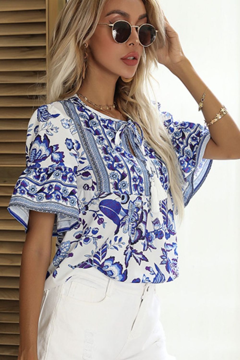 Printed Buttoned Flounce Sleeve Blouse free shipping -Oh Em Gee Boutique