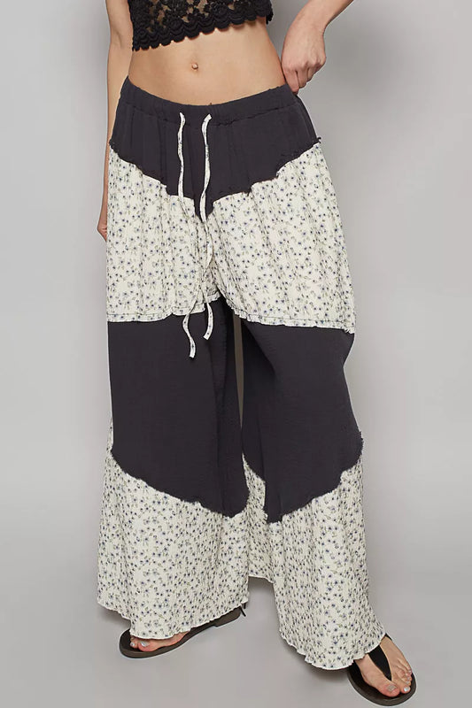 POL Contrast Floral Drawstring Wide Leg Pants free shipping -Oh Em Gee Boutique