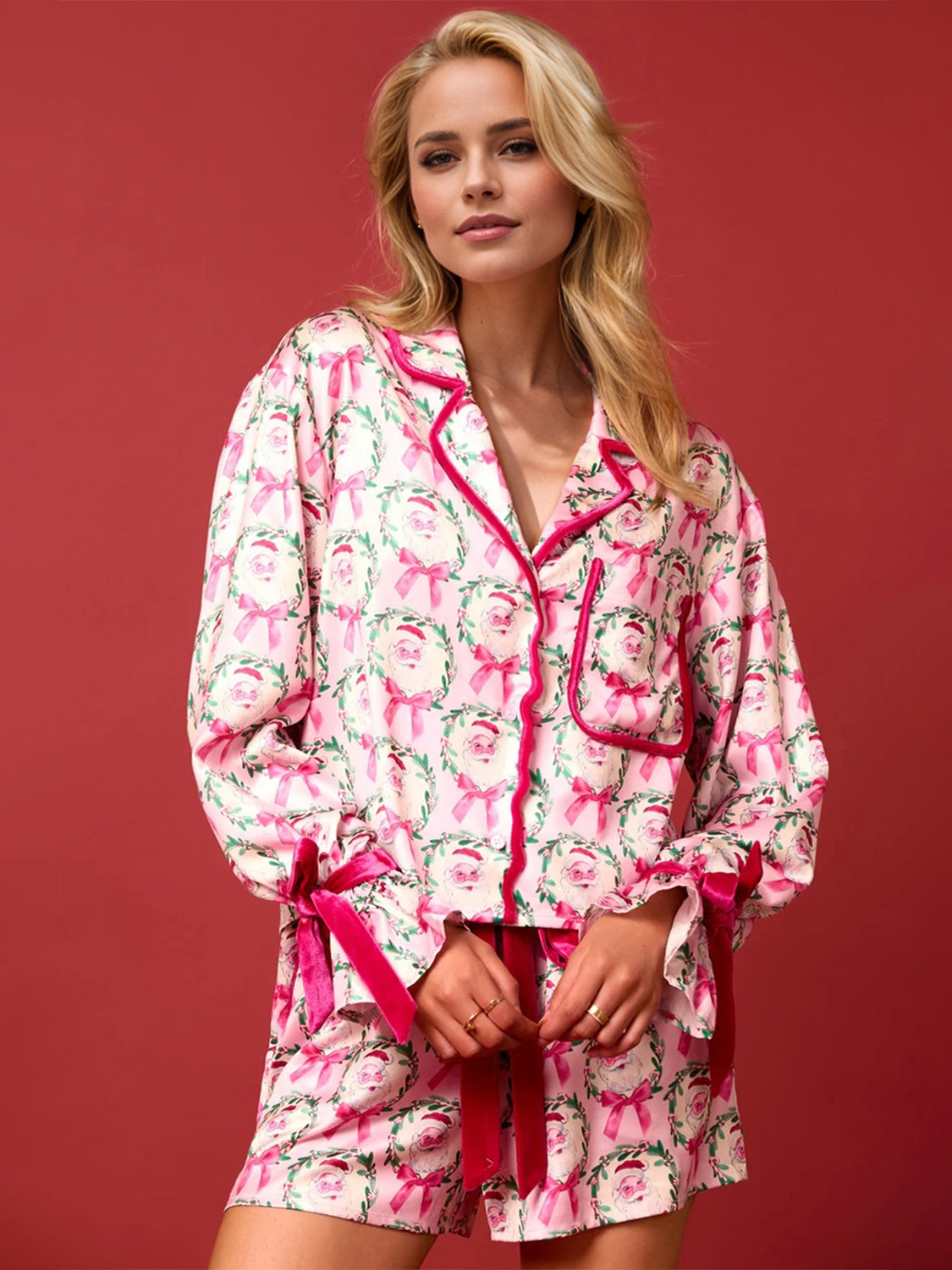 Tied Printed Collared Neck Long Sleeve Top and Shorts Set free shipping -Oh Em Gee Boutique