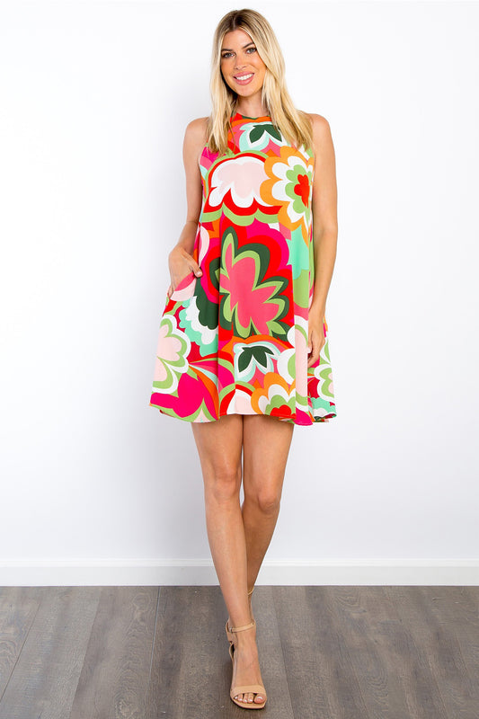 Be Stage Full Size Floral Sleeveless Mini Dress with Pockets free shipping -Oh Em Gee Boutique