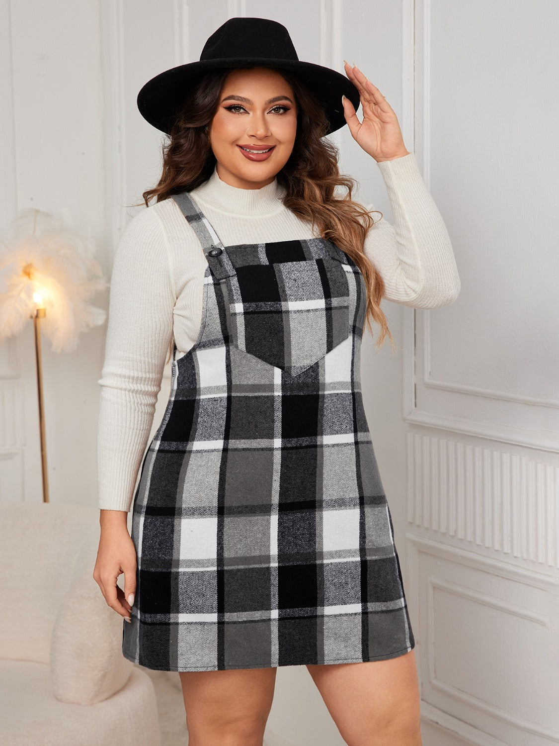 Plus Size Plaid Wide Strap Overall Dress free shipping -Oh Em Gee Boutique